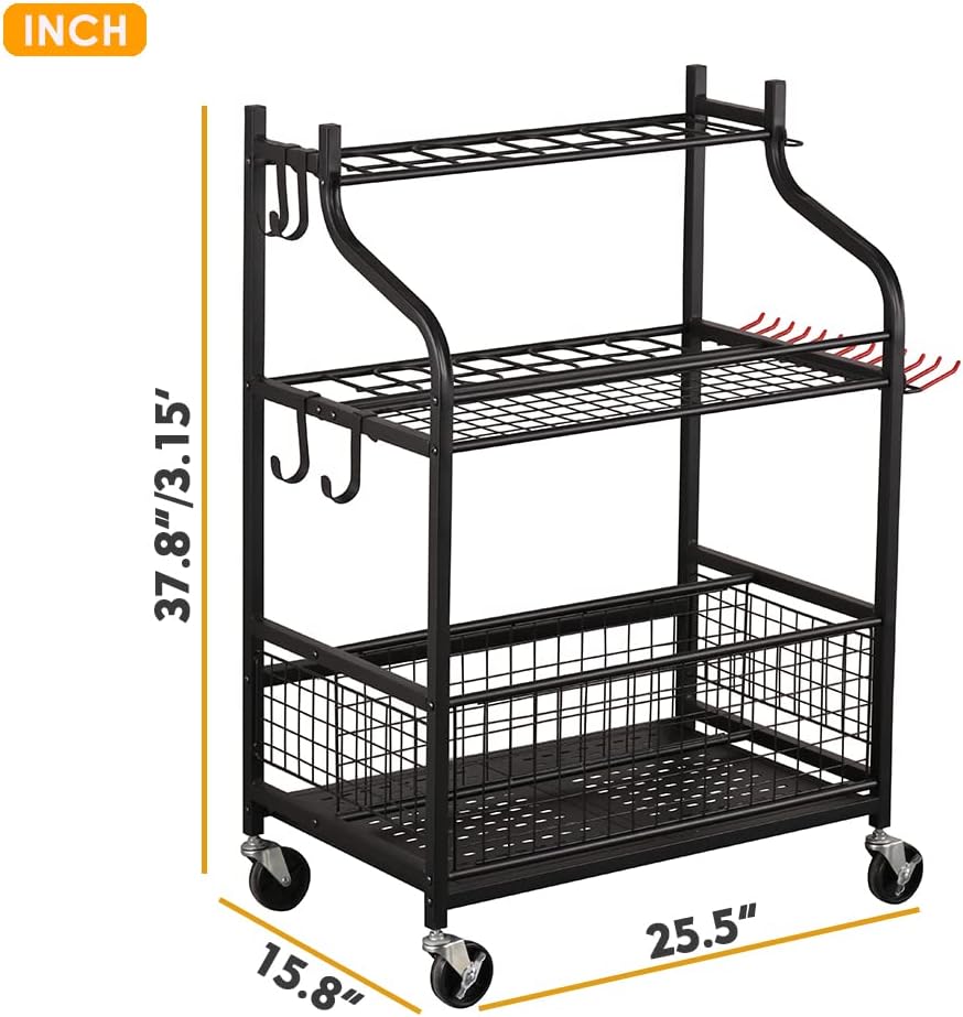 Rolling Steel Garden Tool Organizer with Hooks and Casters - Image 7