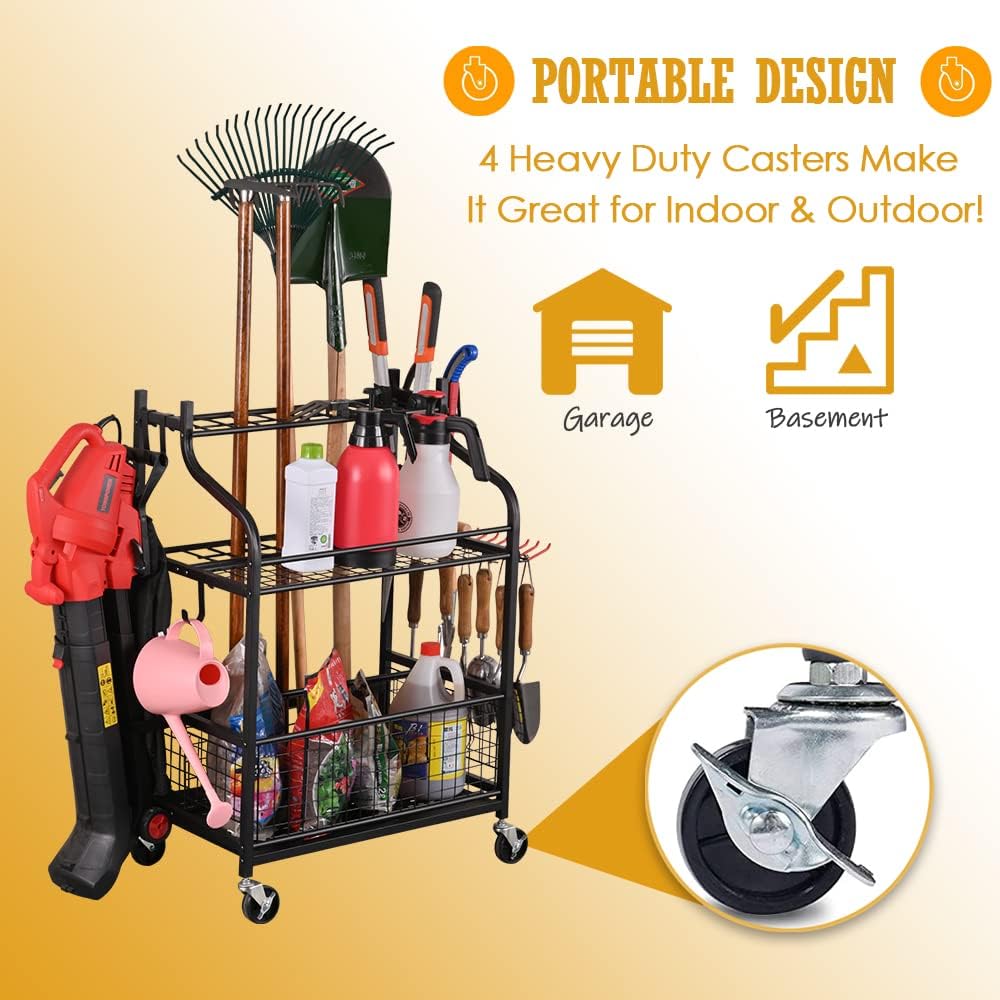 Rolling Steel Garden Tool Organizer with Hooks and Casters - Image 5