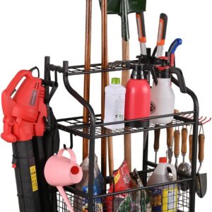 Rolling Steel Garden Tool Organizer with Hooks and Casters