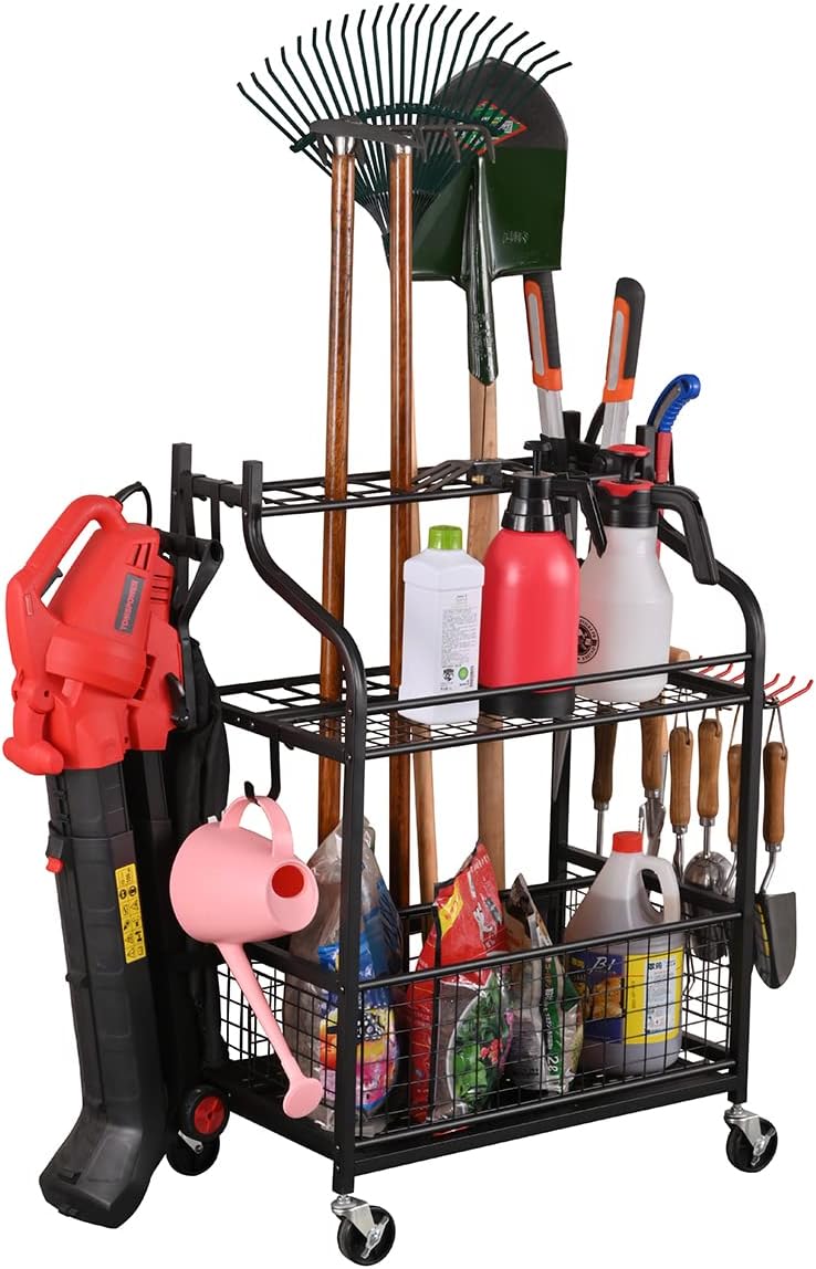 Rolling Steel Garden Tool Organizer with Hooks and Casters