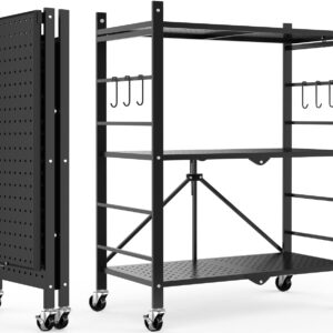 Three-Tier Folding Metal Storage Shelf with Wheels and Hooks