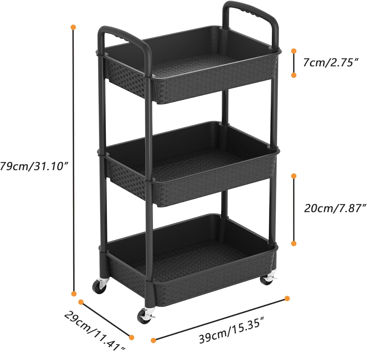 Three-Tier Rolling Utility Cart with Handle, Black - Image 2