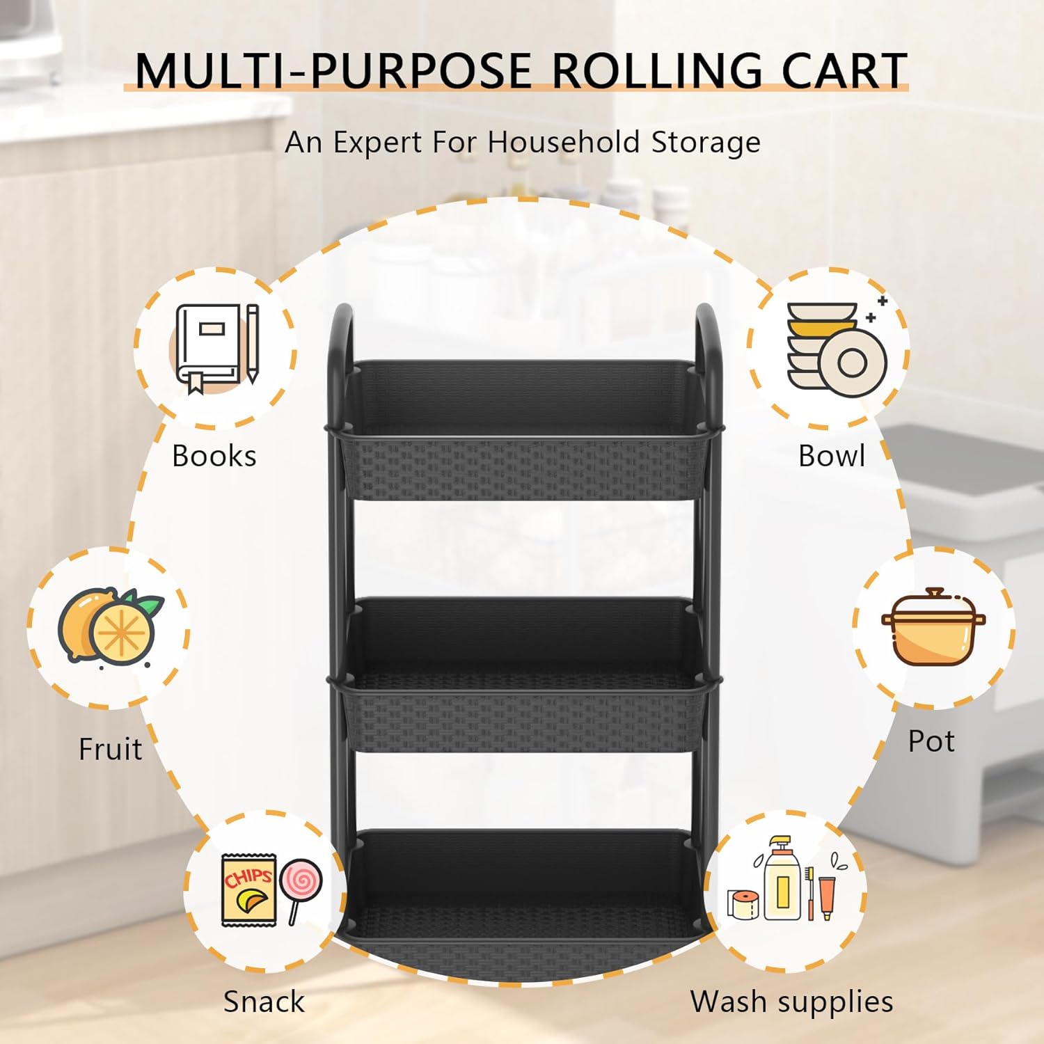 Three-Tier Rolling Utility Cart with Handle, Black - Image 3