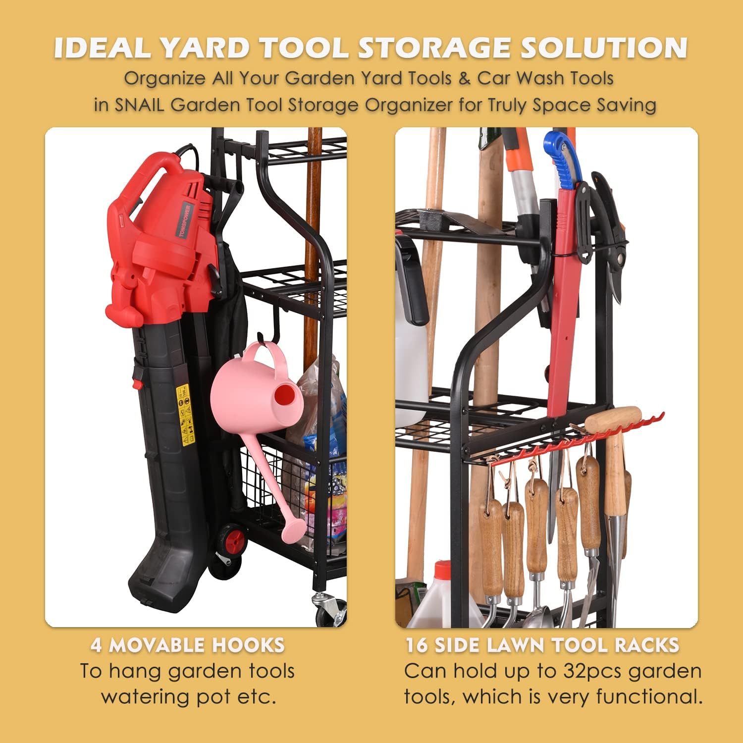 Rolling Steel Garden Tool Organizer with Hooks and Casters - Image 3