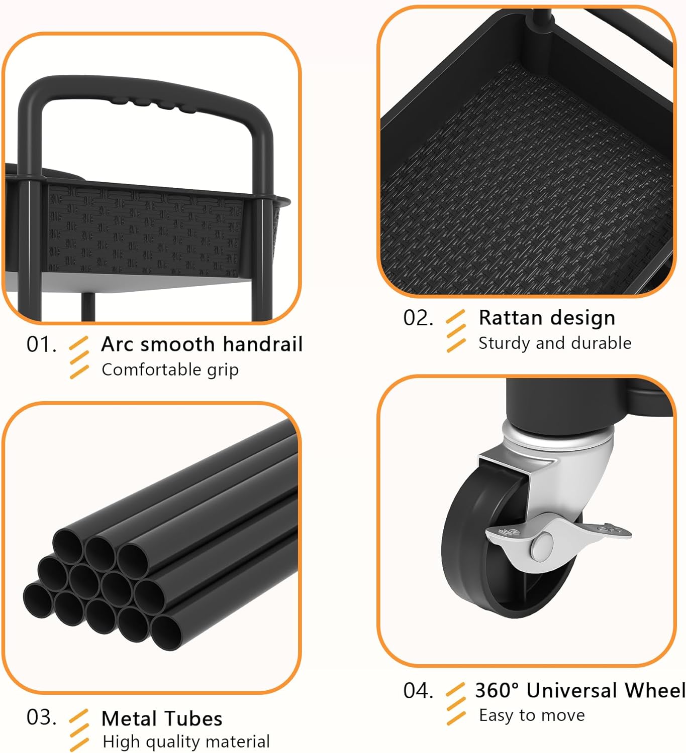 Three-Tier Rolling Utility Cart with Handle, Black - Image 4