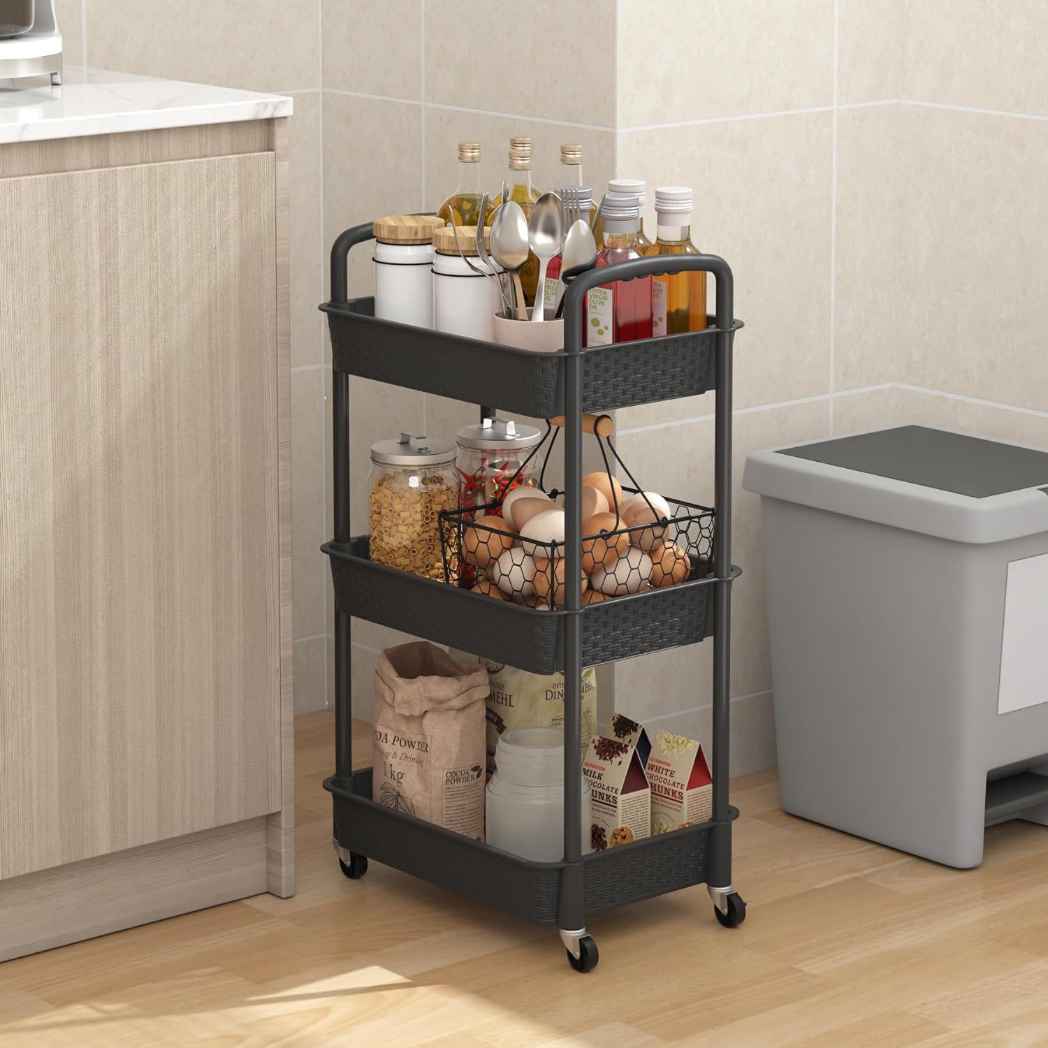 Three-Tier Rolling Utility Cart with Handle, Black - Image 6