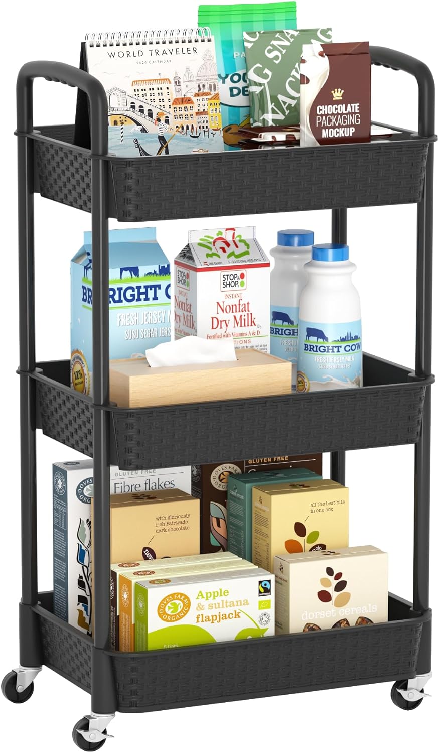 Three-Tier Rolling Utility Cart with Handle, Black