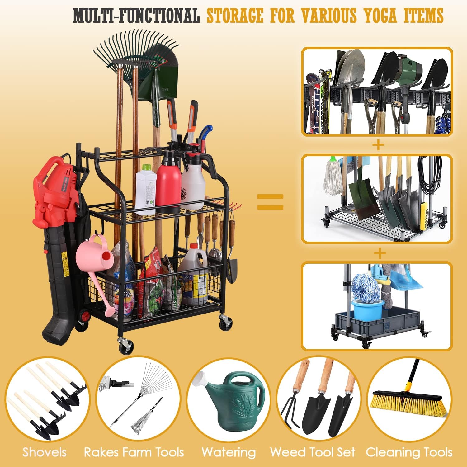Rolling Steel Garden Tool Organizer with Hooks and Casters - Image 2