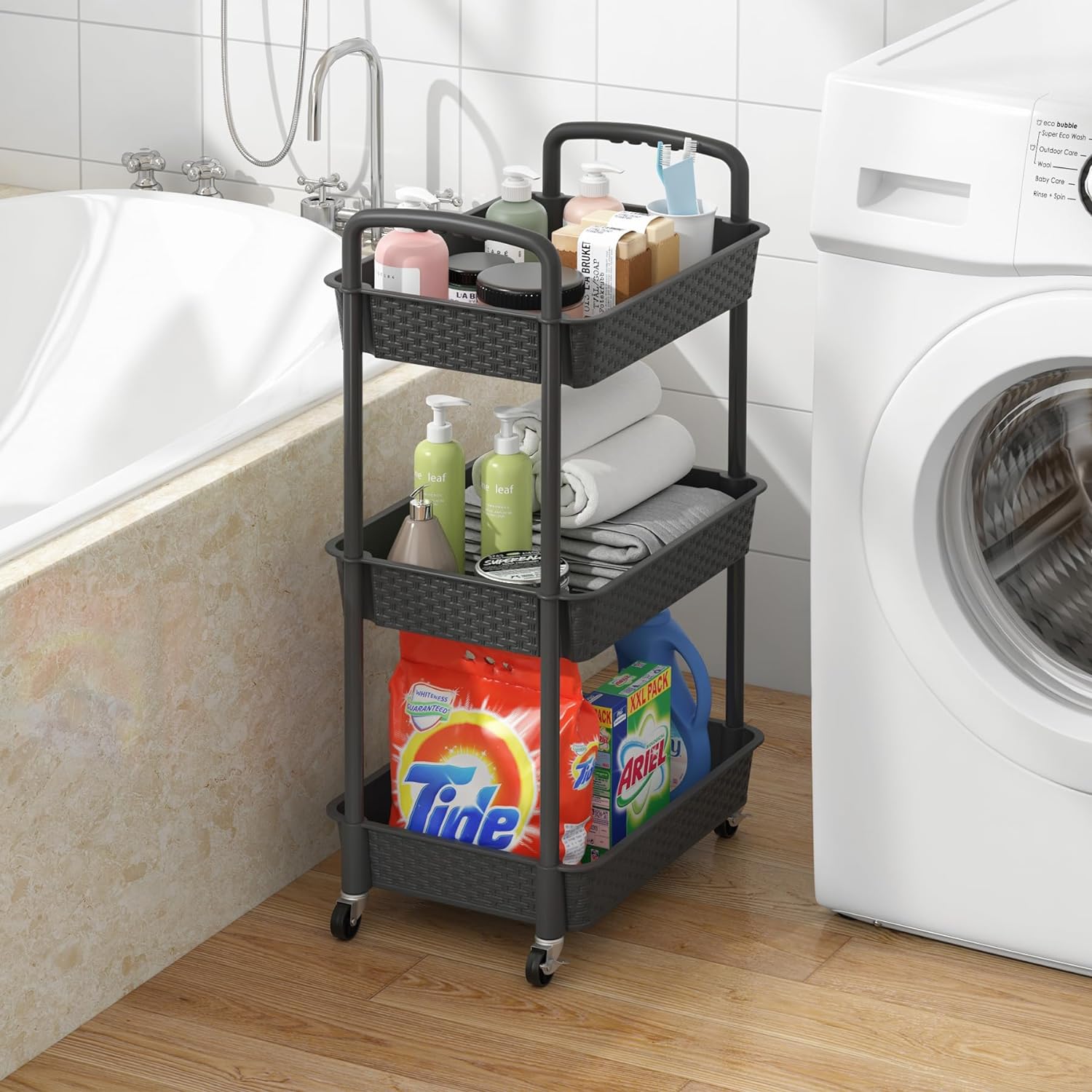 Three-Tier Rolling Utility Cart with Handle, Black - Image 5