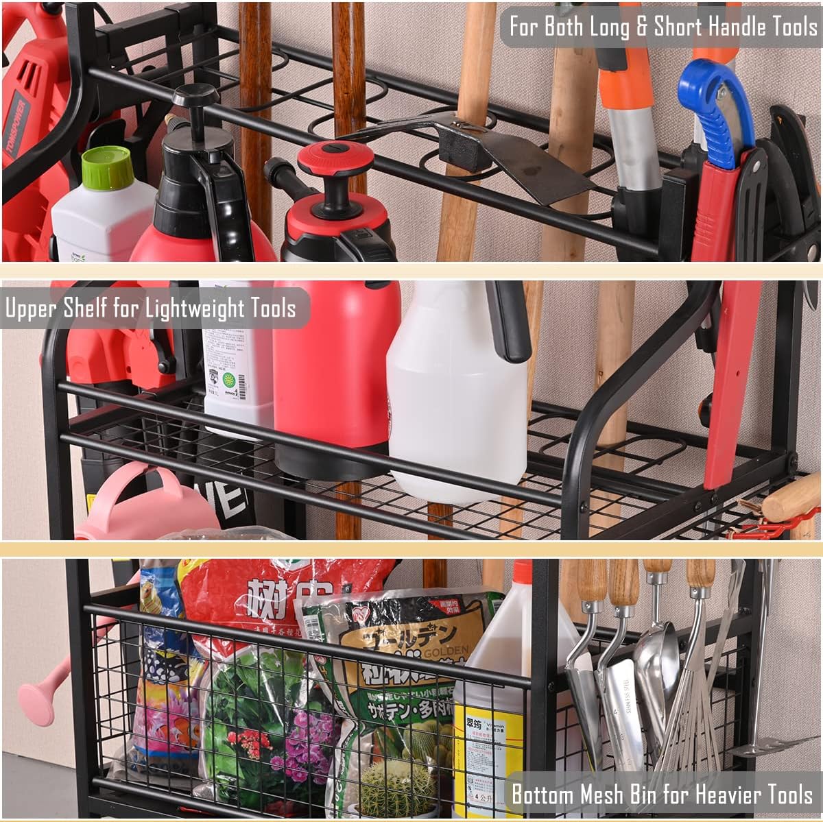 Rolling Steel Garden Tool Organizer with Hooks and Casters - Image 4